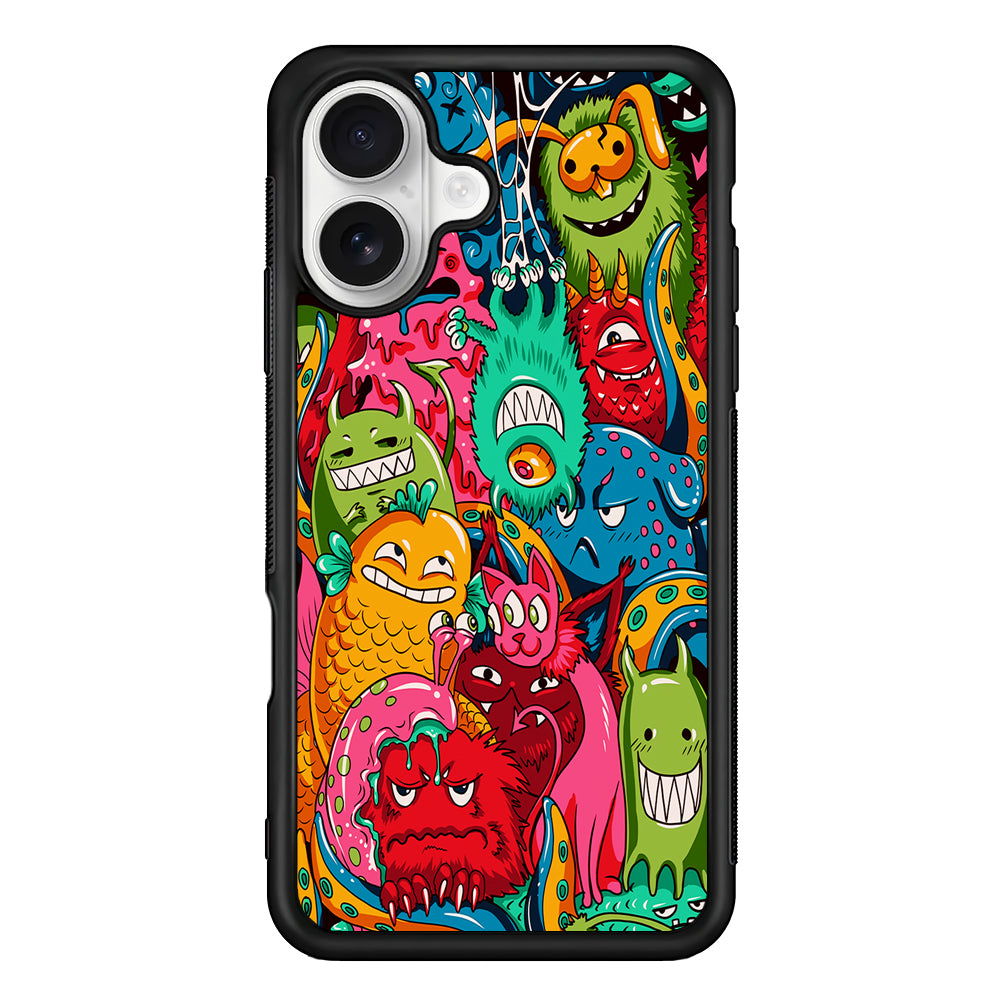 The Cute Monster Gathering Doodle iPhone 16 Plus Case | Durable Protective Rubber Cover