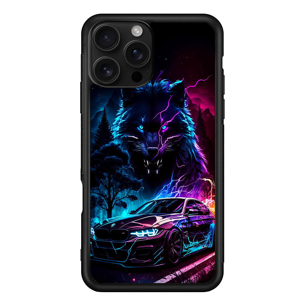 Neon Wolf and Car Northern iPhone 16 Pro Case | Durable Protective Case for iPhone 16 Pro