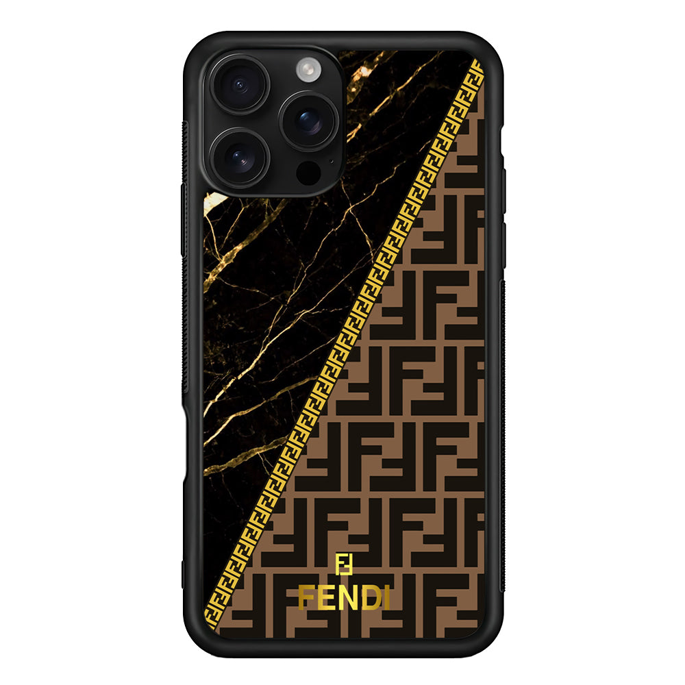 Fendi Patern Marble Gold iPhone 16 Pro Case | Slim Rubber Case for iPhone 16 Pro