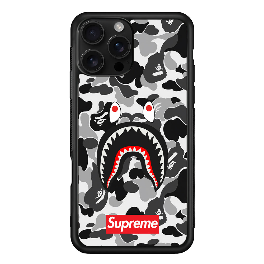 Bape Supreme Black Camo iPhone 16 Pro Case | Slim Rubber Case for iPhone 16 Pro