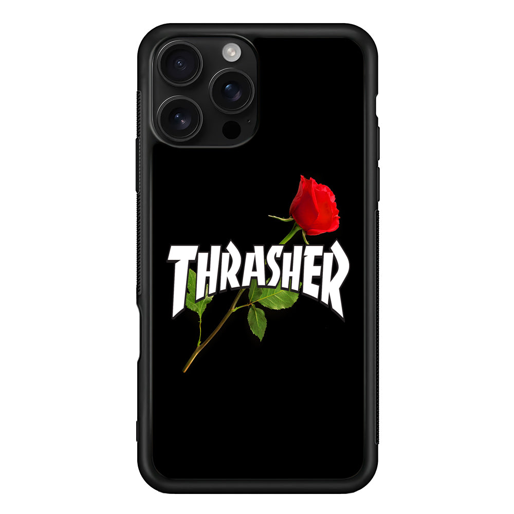 Thrasher Black Rose Flower iPhone 16 Pro Case | Slim Rubber Case for iPhone 16 Pro
