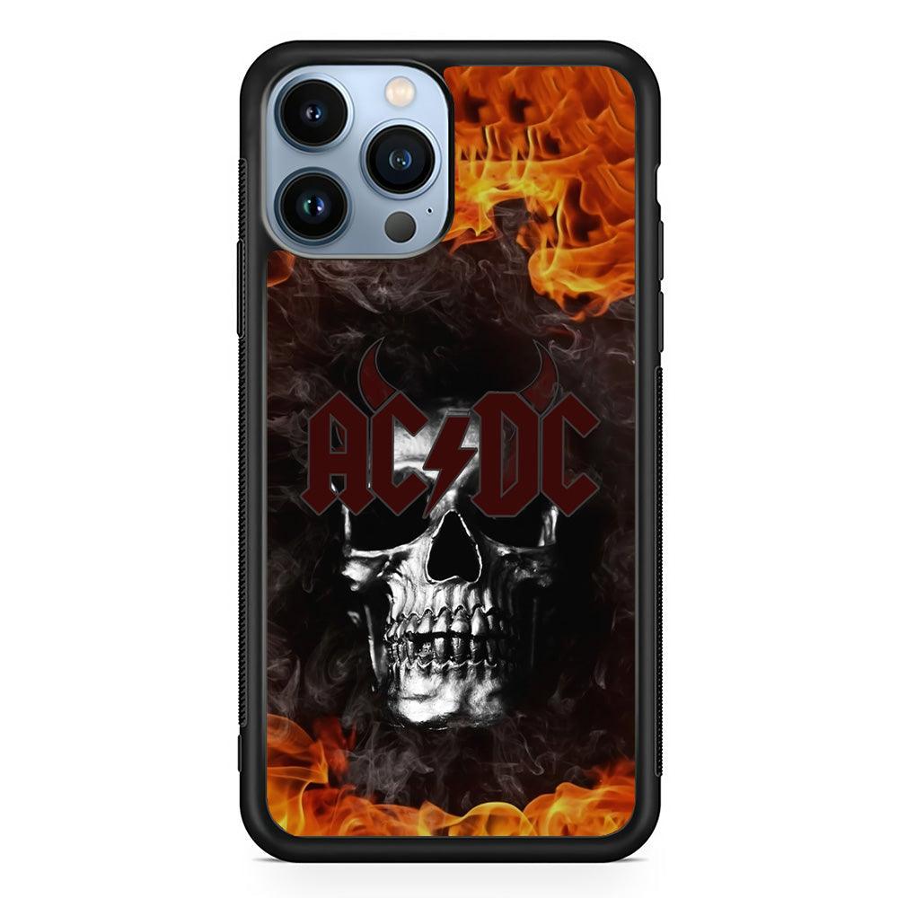 ACDC White Skull on Fire iPhone 14 Pro Max Case-Rubber Black (2D Case)-Oxvistore
