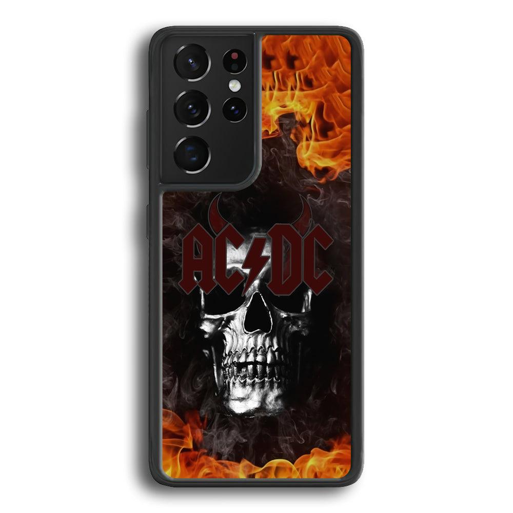 ACDC White Skull on Fire Samsung Galaxy S24 Ultra Case-Rubber Black (2D Case)-Oxvistore