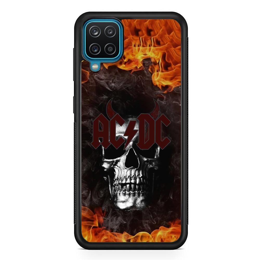 ACDC White Skull on Fire Samsung Galaxy A12 Case-Rubber Black (2D Case)-Oxvistore