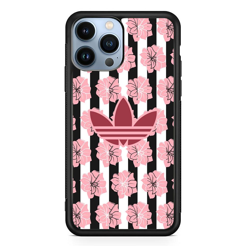 Adidas Pink Flowers iPhone 14 Pro Max Case-Rubber Black (2D Case)-Oxvistore