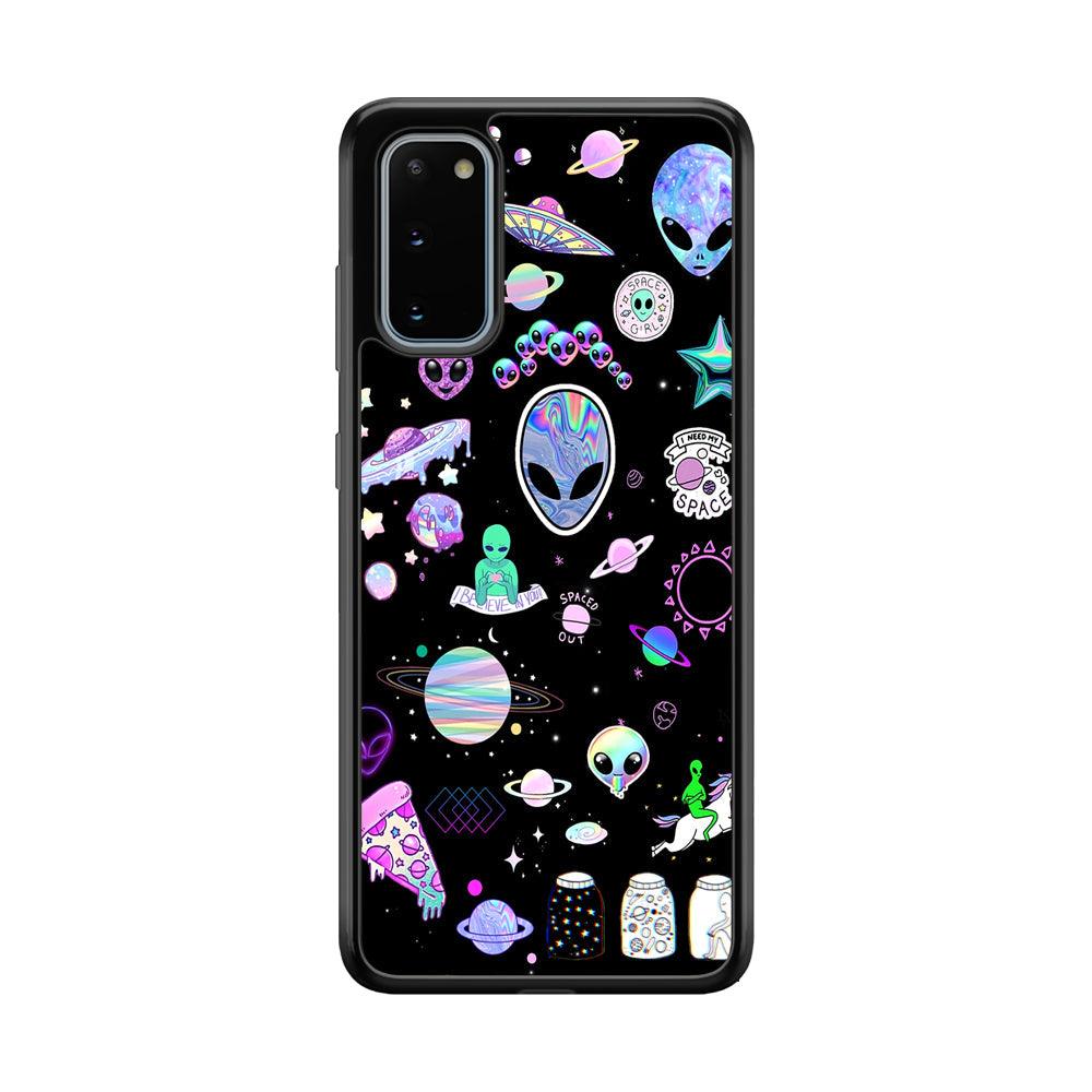 Alien Sticker Space Theme Samsung Galaxy S20 Case-Rubber Black (2D Case)-Oxvistore