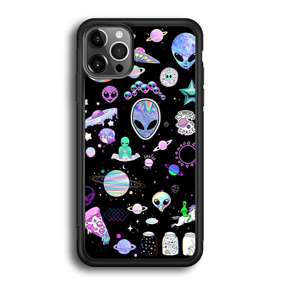 Alien Sticker Space Theme iPhone 12 Pro Case-Rubber Black (2D Case)-Oxvistore