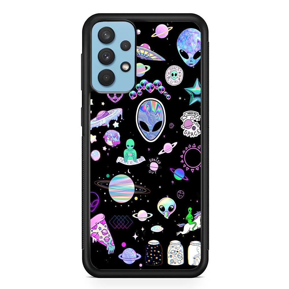 Alien Sticker Space Theme Samsung Galaxy A32 Case-Rubber Black (2D Case)-Oxvistore