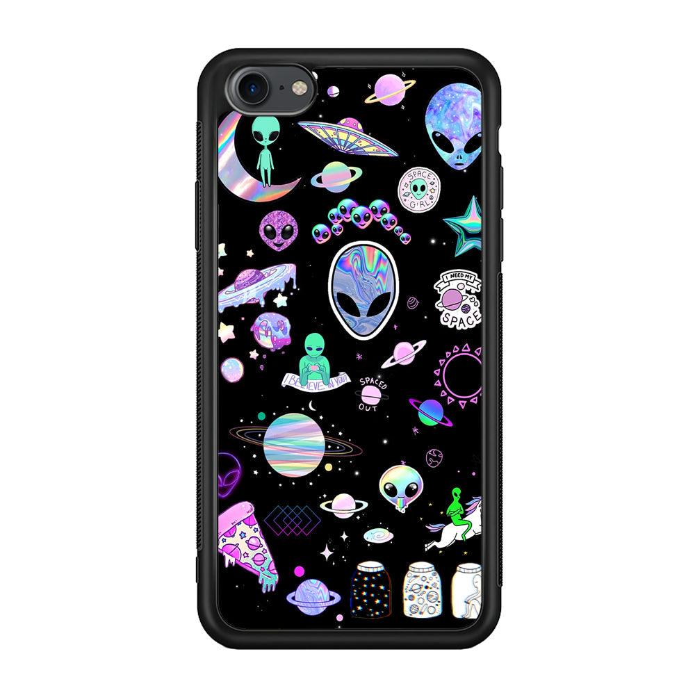 Alien Sticker Space Theme iPhone 7 Case-Rubber Black (2D Case)-Oxvistore