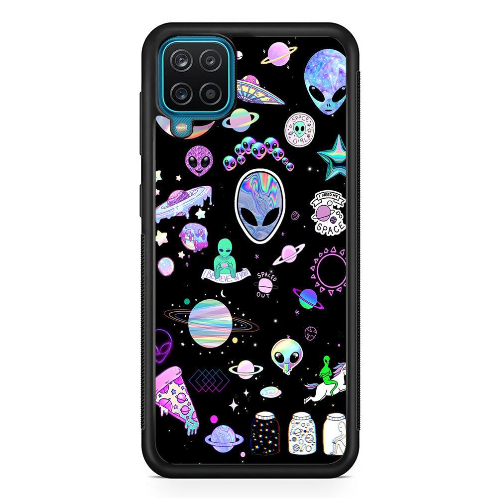 Alien Sticker Space Theme Samsung Galaxy A12 Case-Rubber Black (2D Case)-Oxvistore
