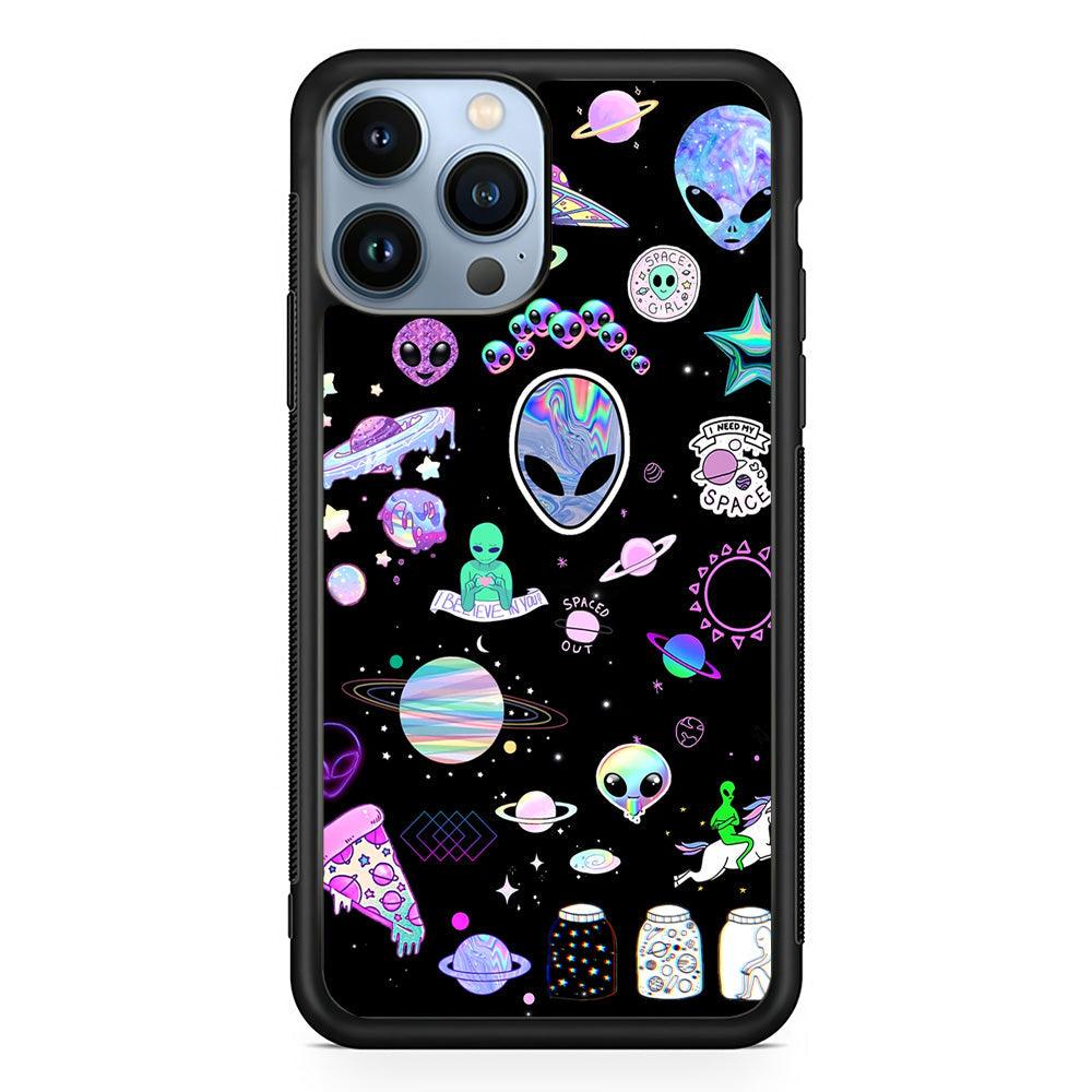 Alien Sticker Space Theme iPhone 13 Pro Max Case-Rubber Black (2D Case)-Oxvistore