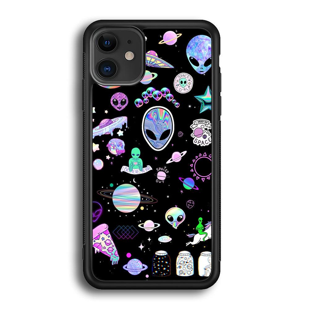 Alien Sticker Space Theme iPhone 12 Case-Rubber Black (2D Case)-Oxvistore