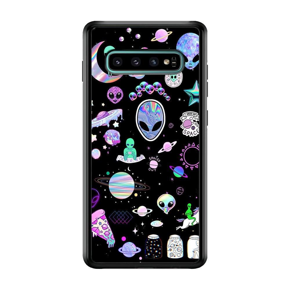 Alien Sticker Space Theme Samsung Galaxy S10 Case-Rubber Black (2D Case)-Oxvistore