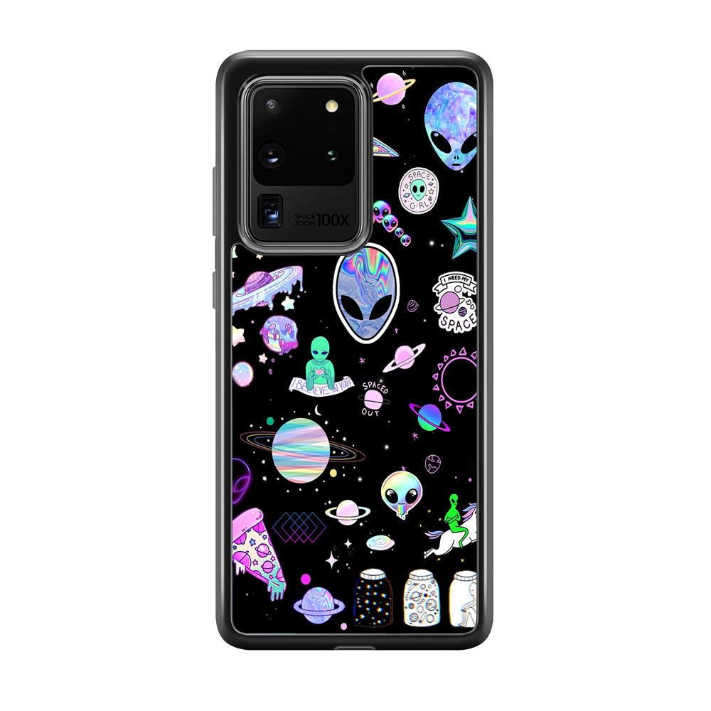 Alien Sticker Space Theme Samsung Galaxy S20 Ultra Case-Rubber Black (2D Case)-Oxvistore