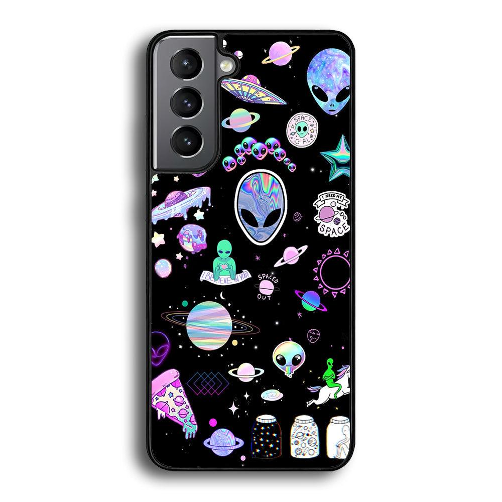 Alien Sticker Space Theme Samsung Galaxy S21 Plus Case-Rubber Black (2D Case)-Oxvistore