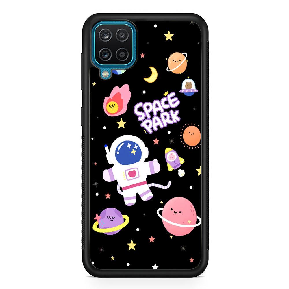 Astronaut Cute on Space Park Samsung Galaxy A12 Case-Rubber Black (2D Case)-Oxvistore