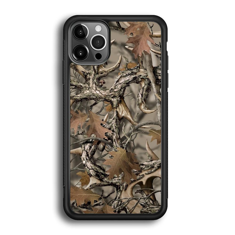 Camo Dry Leaves and Deer Horns iPhone 12 Pro Case-Rubber Black (2D Case)-Oxvistore