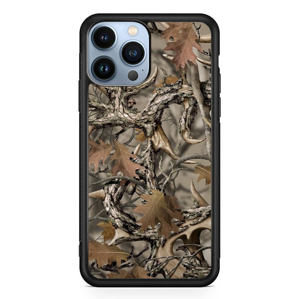 Camo Dry Leaves and Deer Horns iPhone 15 Pro Case-Rubber Black (2D Case)-Oxvistore