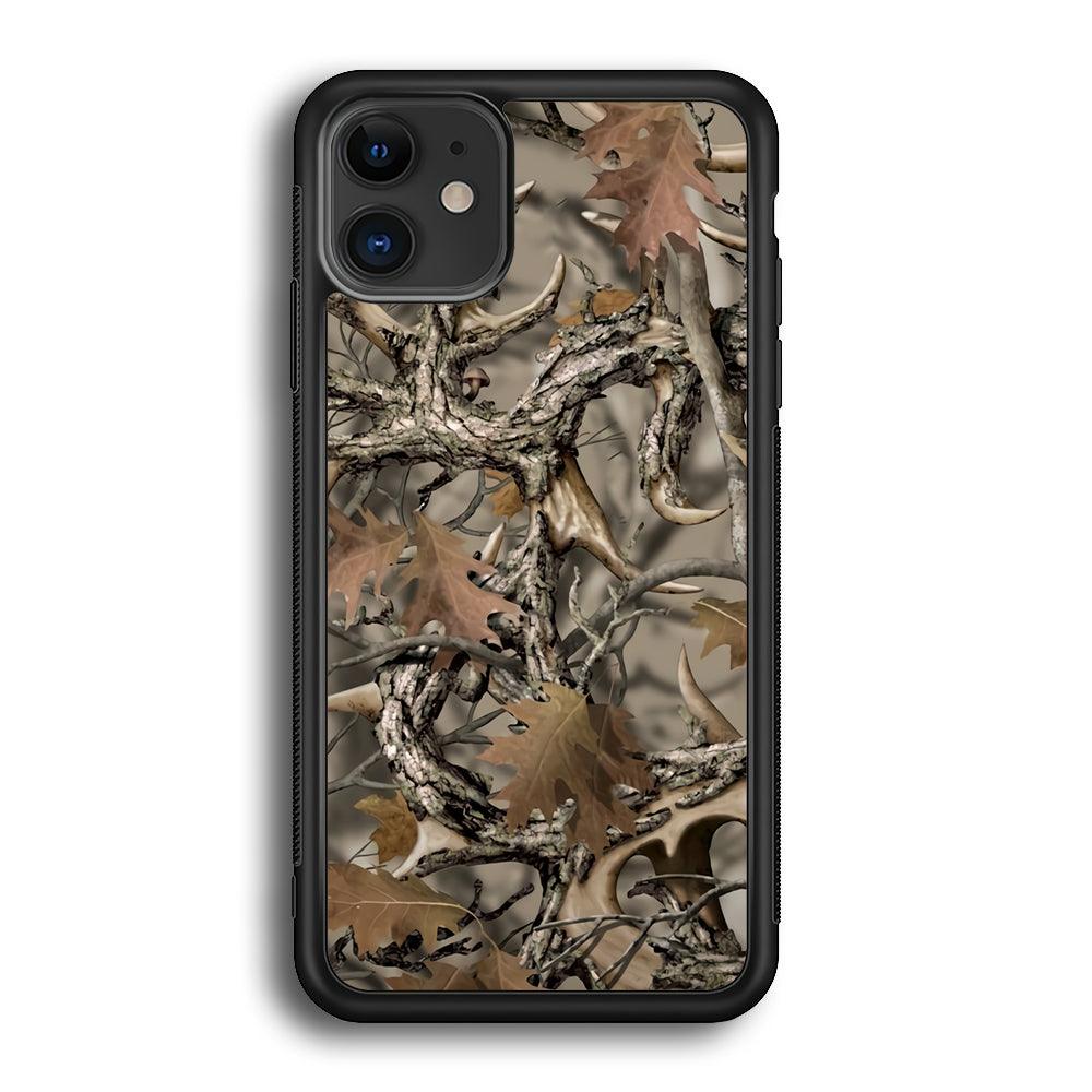 Camo Dry Leaves and Deer Horns iPhone 12 Case-Rubber Black (2D Case)-Oxvistore