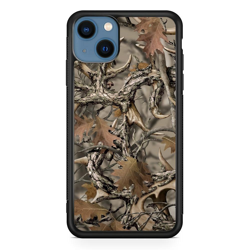 Camo Dry Leaves and Deer Horns iPhone 13 Case-Rubber Black (2D Case)-Oxvistore