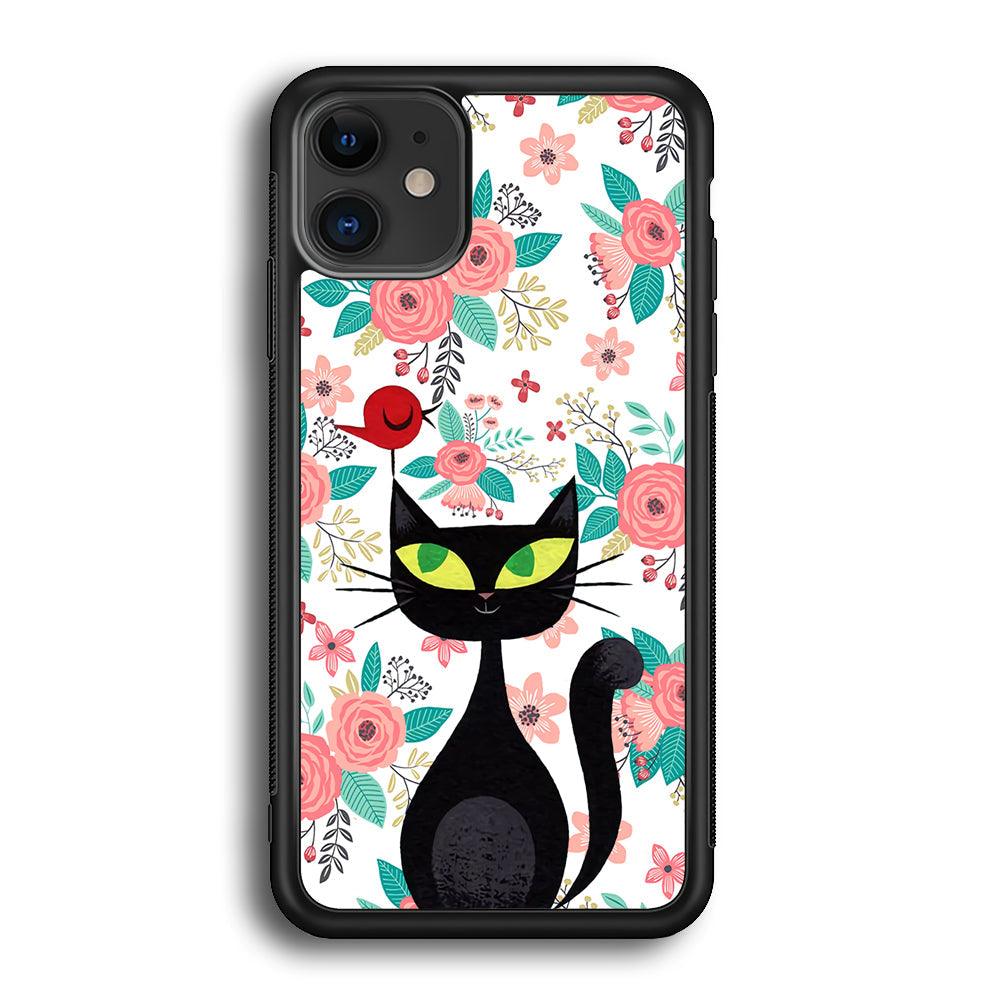 Cat, Flower and Bird iPhone 12 Case-Rubber Black (2D Case)-Oxvistore