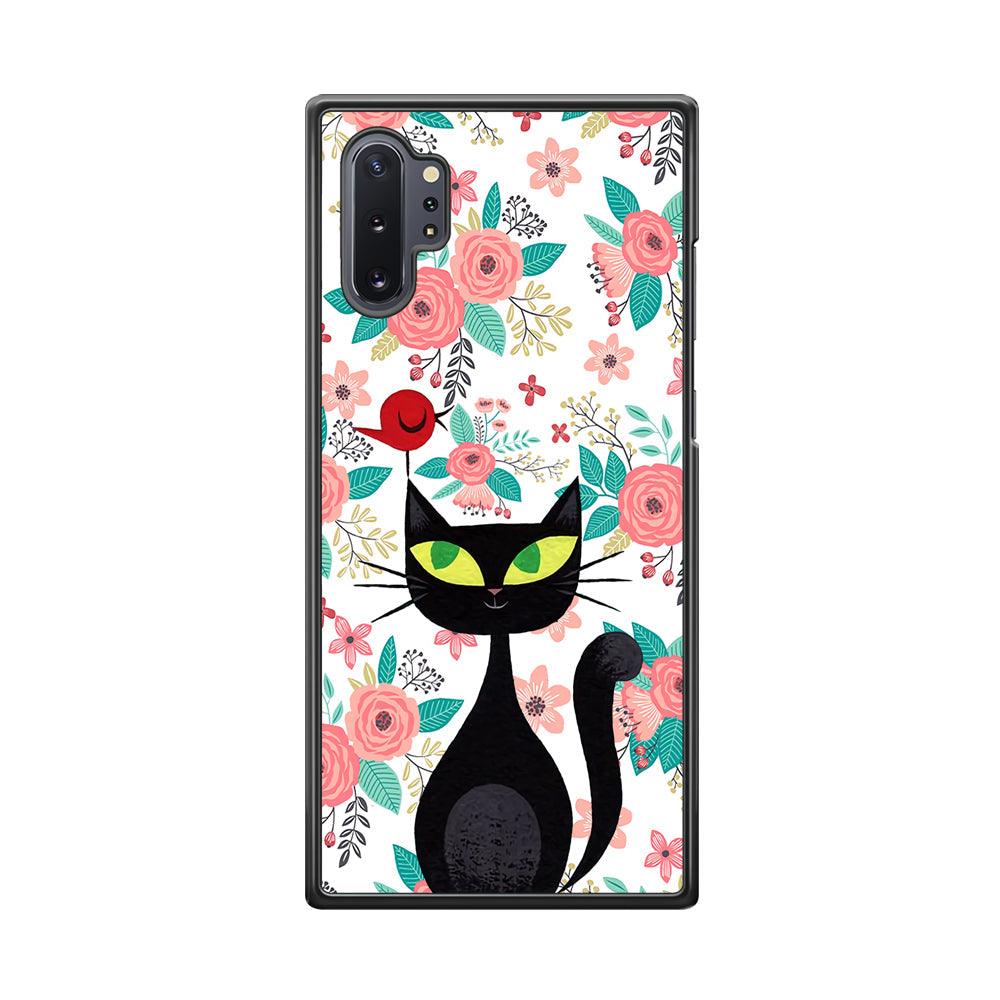 Cat, Flower and Bird Samsung Galaxy Note 10 Plus Case-Rubber Black (2D Case)-Oxvistore