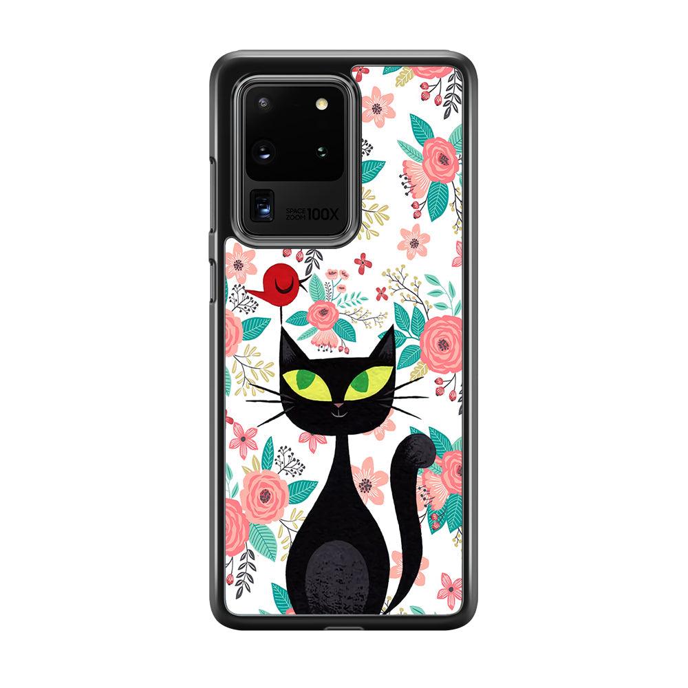 Cat, Flower and Bird Samsung Galaxy S20 Ultra Case-Rubber Black (2D Case)-Oxvistore