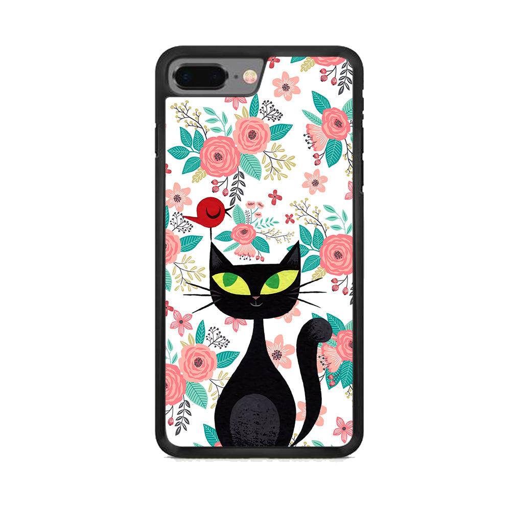 Cat, Flower and Bird iPhone 8 Plus Case-Rubber Black (2D Case)-Oxvistore