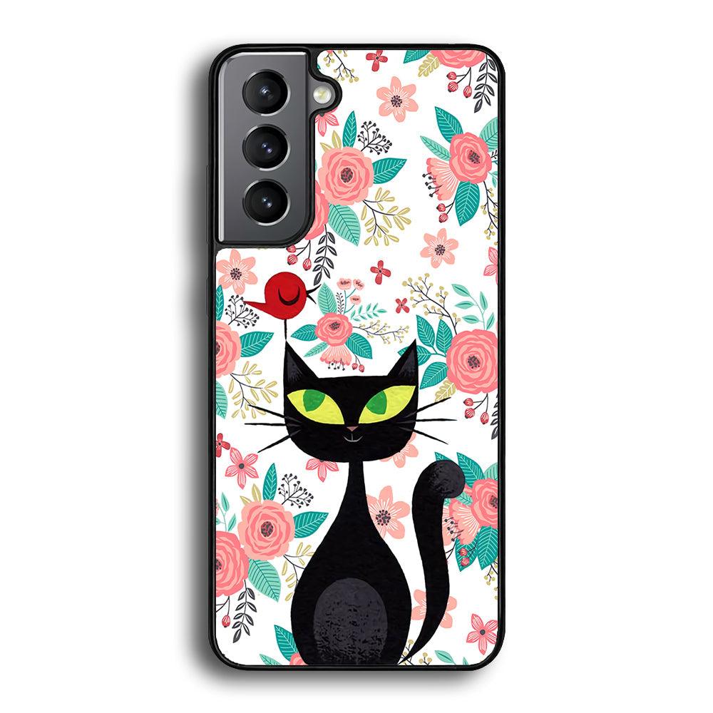 Cat, Flower and Bird Samsung Galaxy S23 Plus Case-Rubber Black (2D Case)-Oxvistore