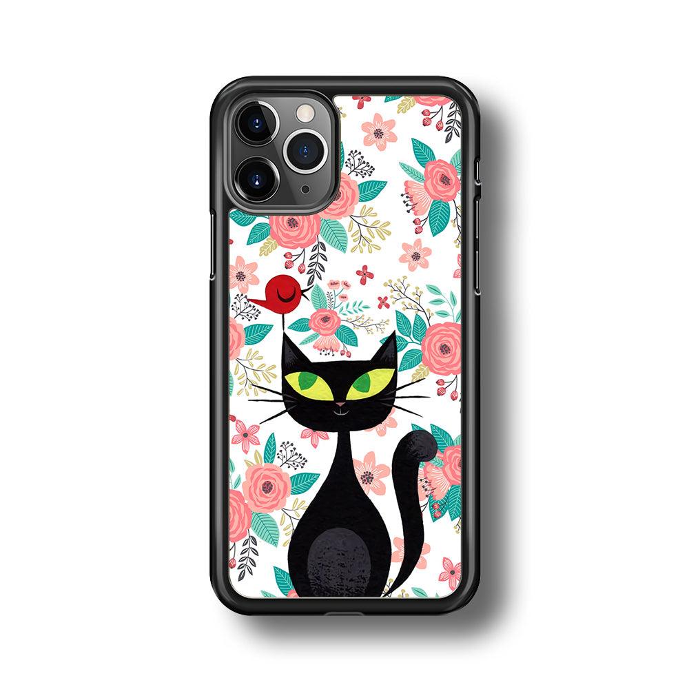 Cat, Flower and Bird iPhone 11 Pro Max Case-Rubber Black (2D Case)-Oxvistore