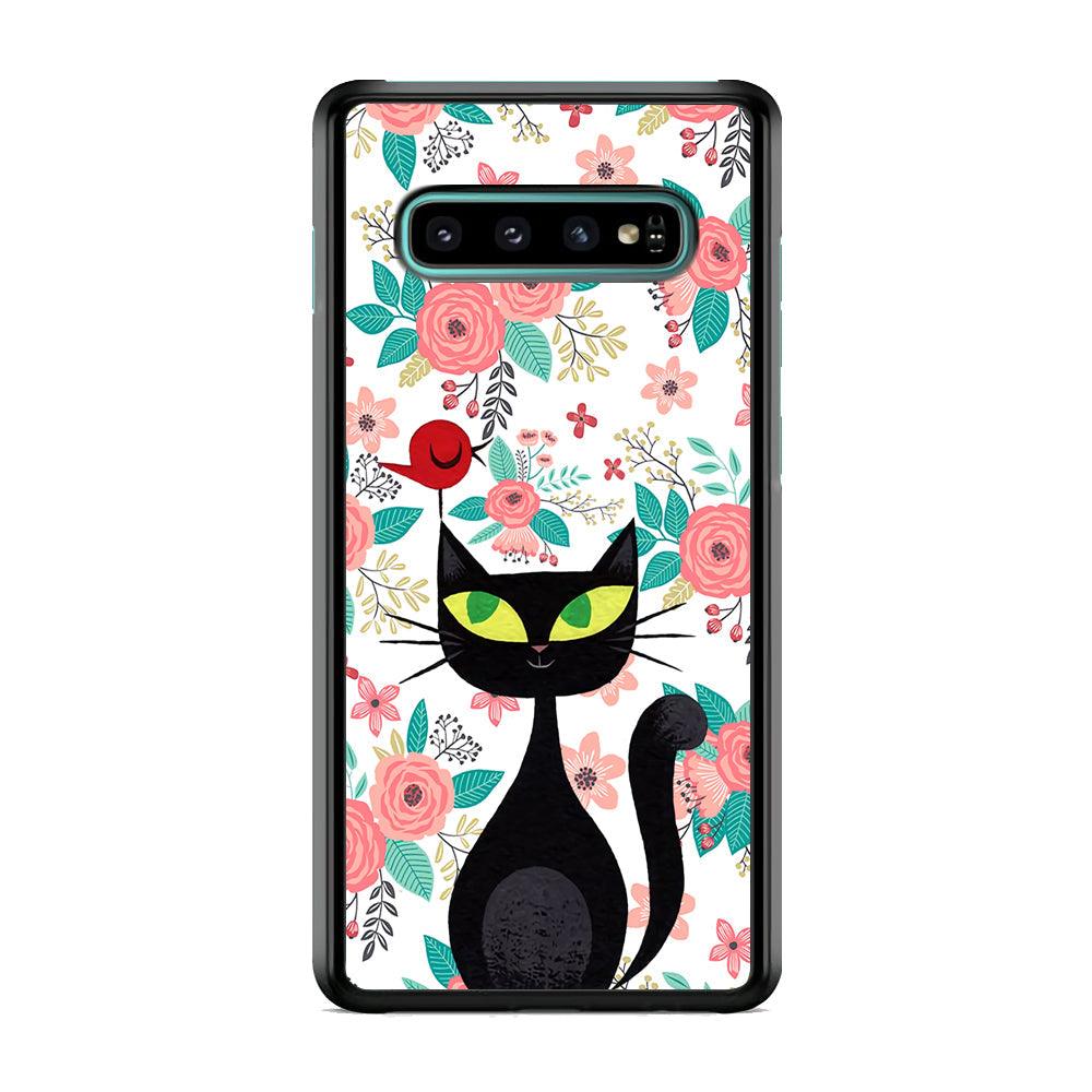 Cat, Flower and Bird Samsung Galaxy S10 Case-Rubber White (2D Case)-Oxvistore