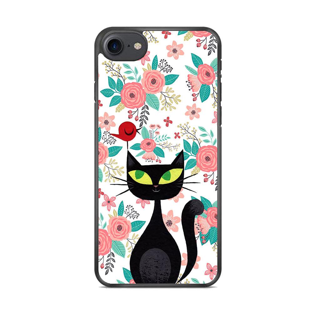 Cat, Flower and Bird iPhone 8 Case-Rubber Black (2D Case)-Oxvistore