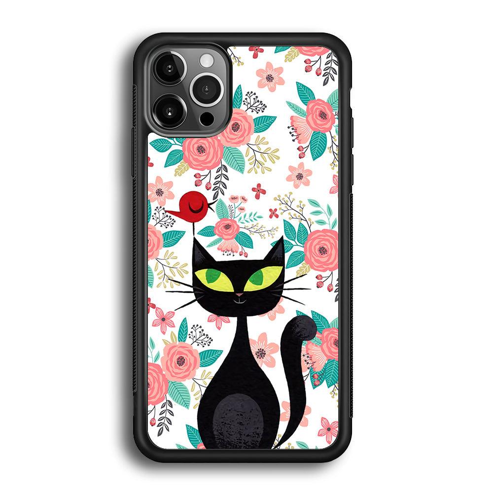 Cat, Flower and Bird iPhone 12 Pro Case-Rubber Black (2D Case)-Oxvistore