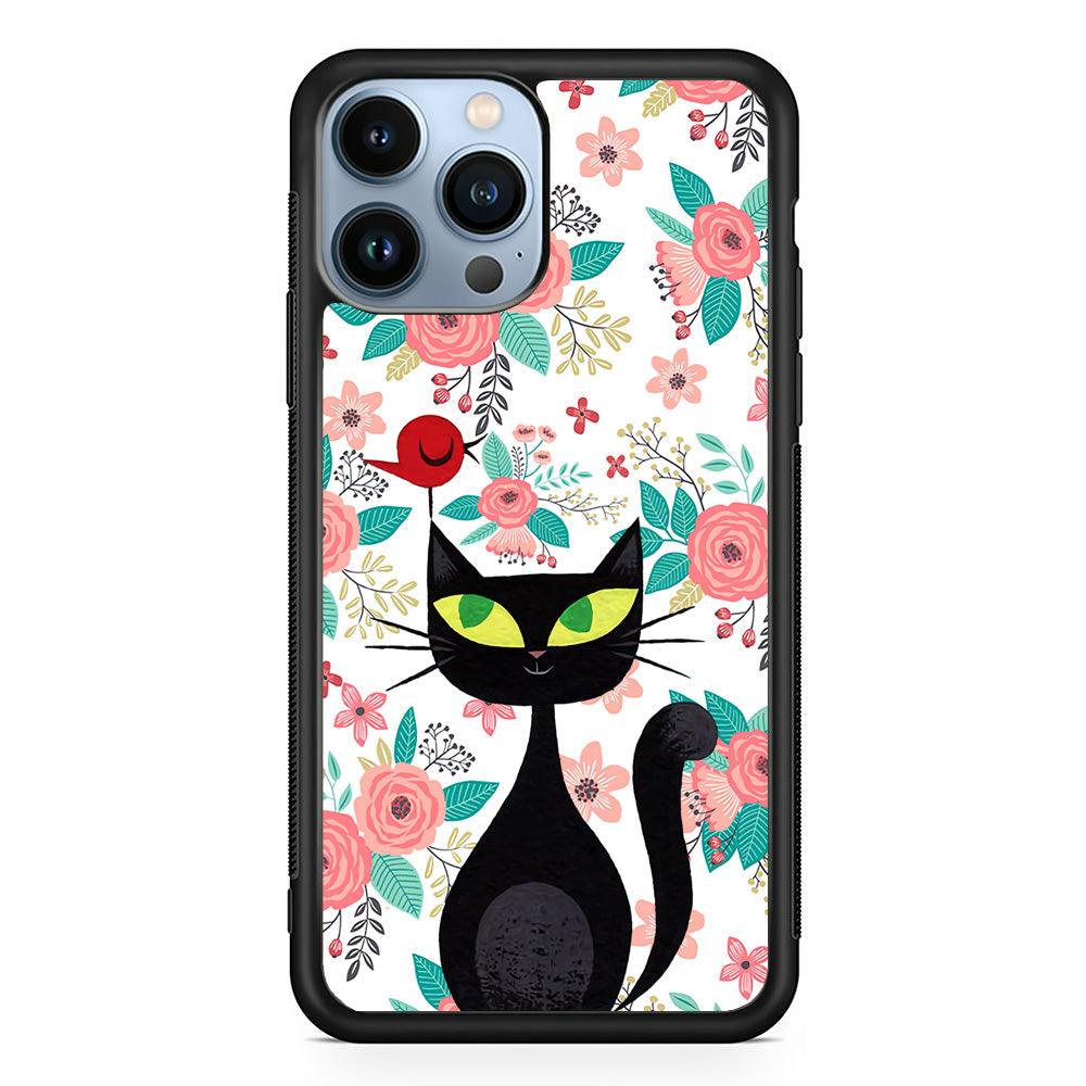 Cat, Flower and Bird iPhone 14 Pro Max Case-Rubber White (2D Case)-Oxvistore