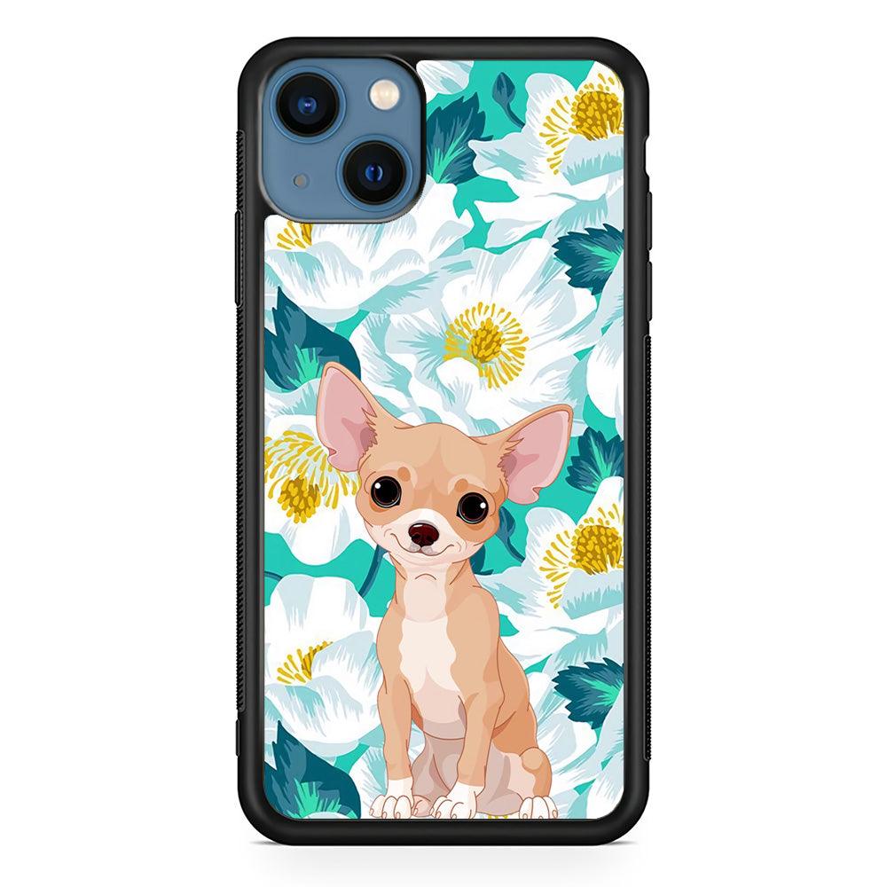 Chihuahua Dog and Flower Blue iPhone 13 Case-Rubber White (2D Case)-Oxvistore