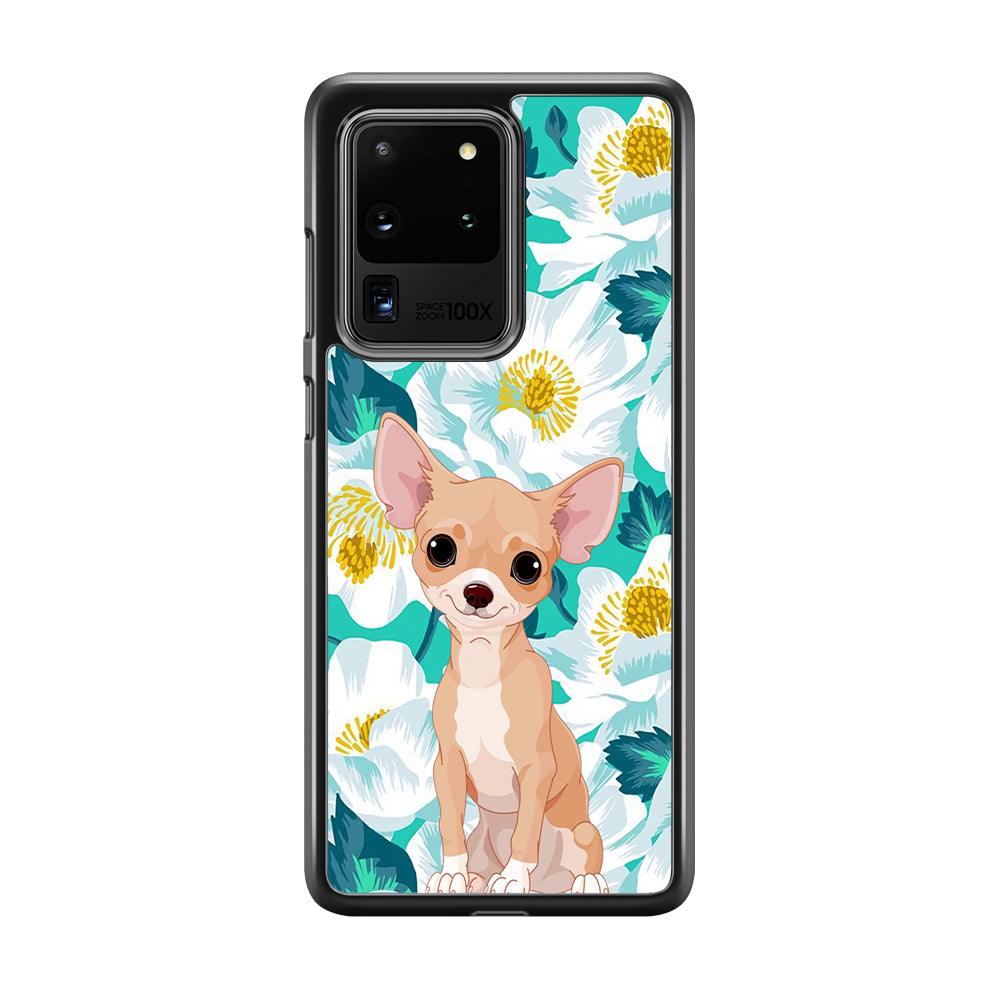 Chihuahua Dog and Flower Blue Samsung Galaxy S20 Ultra Case-Rubber White (2D Case)-Oxvistore
