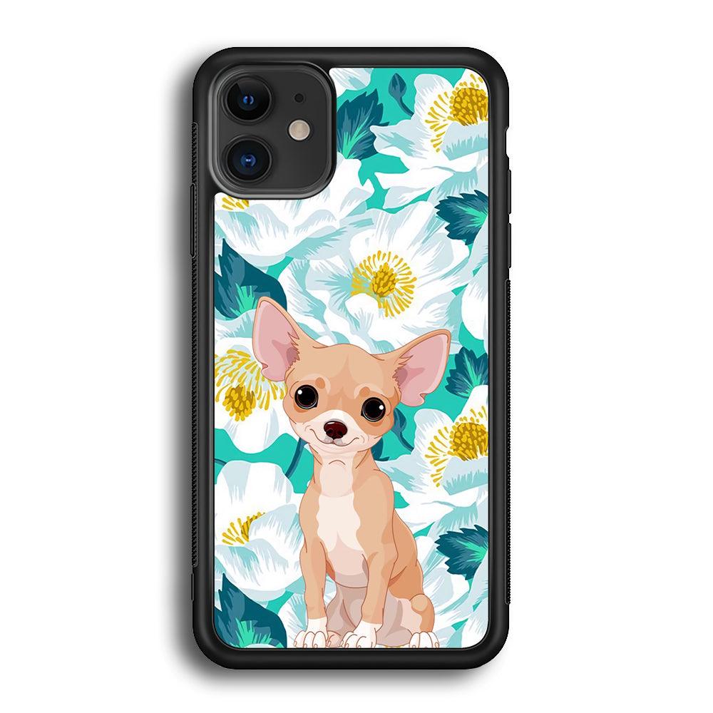 Chihuahua Dog and Flower Blue iPhone 11 Case-Rubber White (2D Case)-Oxvistore