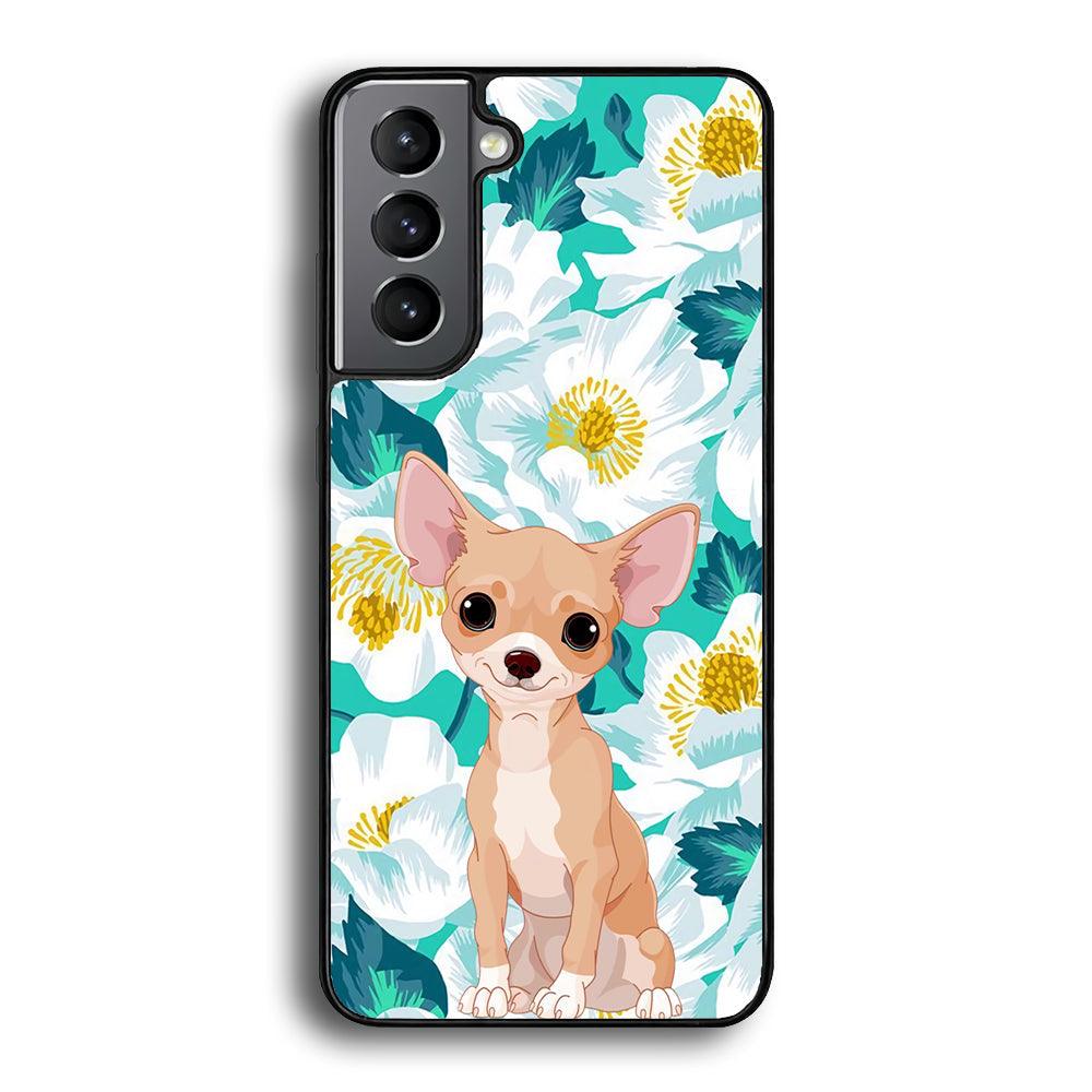 Chihuahua Dog and Flower Blue Samsung Galaxy S22 Case-Rubber White (2D Case)-Oxvistore