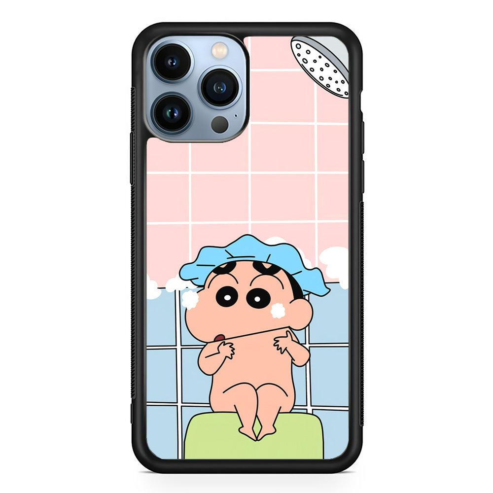 Crayon Shinchan Shower Time iPhone 14 Pro Max Case-Rubber Black (2D Case)-Oxvistore