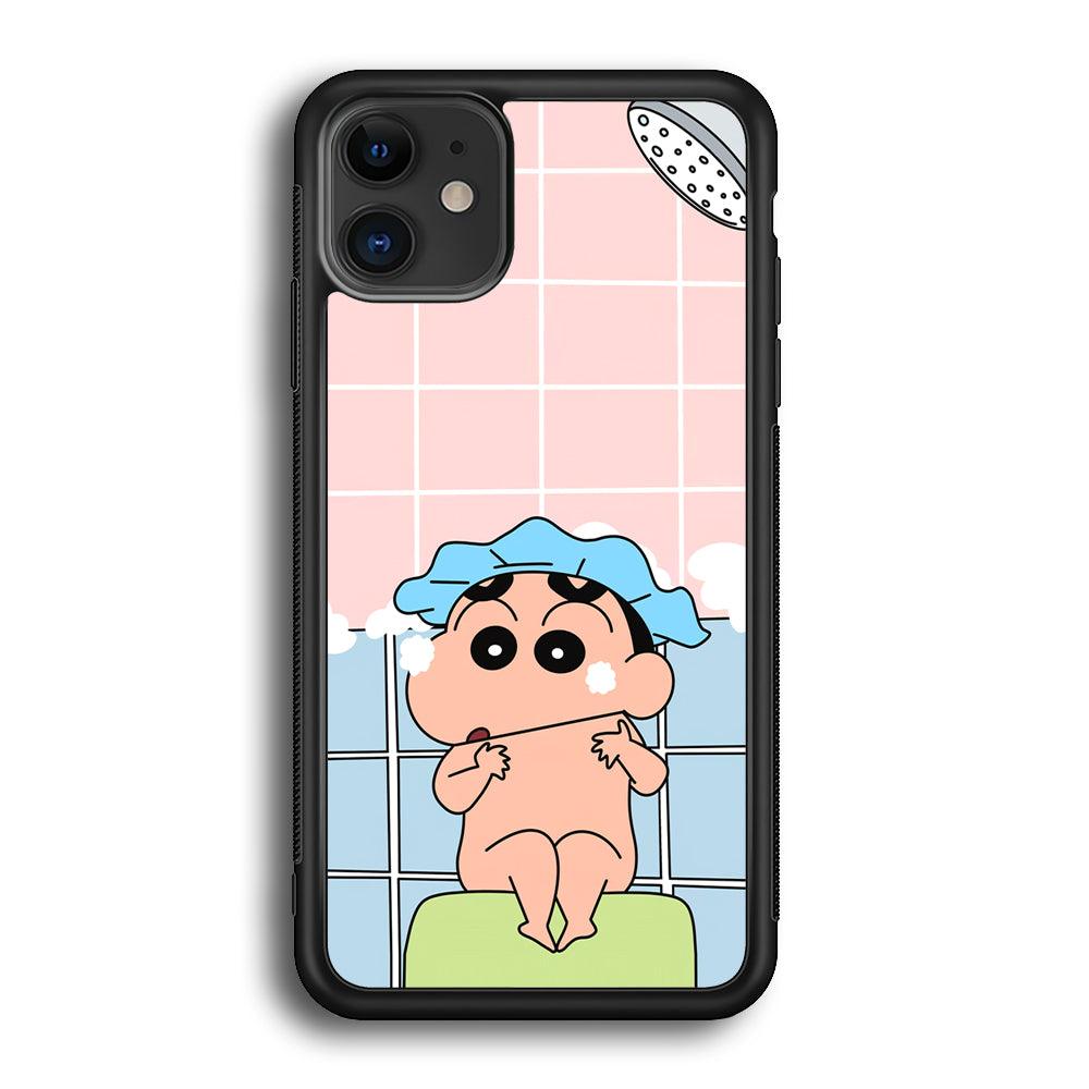 Crayon Shinchan Shower Time iPhone 12 Case-Rubber Black (2D Case)-Oxvistore