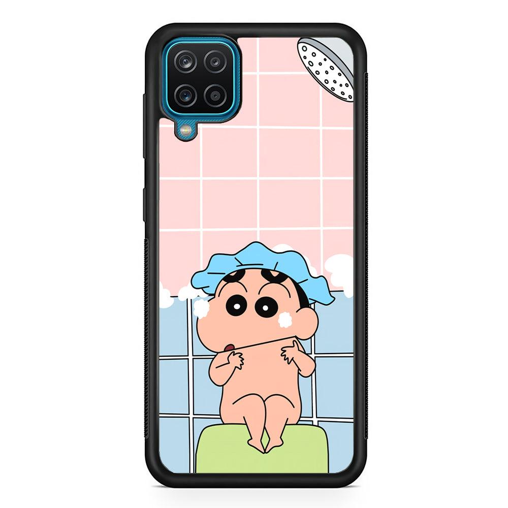 Crayon Shinchan Shower Time Samsung Galaxy A12 Case-Rubber Black (2D Case)-Oxvistore