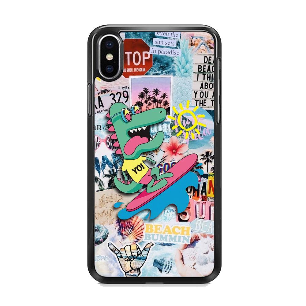 Dinosaur Surfing Time iPhone X Case-Rubber Black (2D Case)-Oxvistore