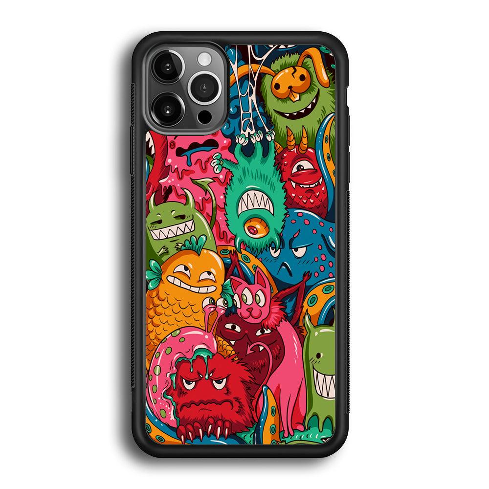 Doodle Monsters Get Together and Laugh iPhone 12 Pro Case-Rubber Black (2D Case)-Oxvistore