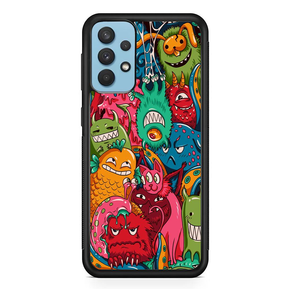 Doodle Monsters Get Together and Laugh Samsung Galaxy A32 Case-Rubber Black (2D Case)-Oxvistore