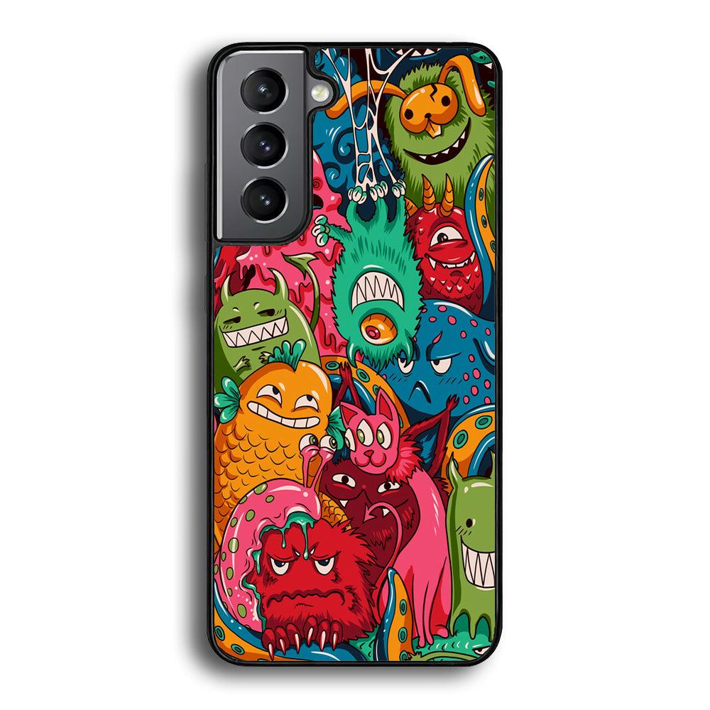 Doodle Monsters Get Together and Laugh Samsung Galaxy S21 Case-Rubber Black (2D Case)-Oxvistore