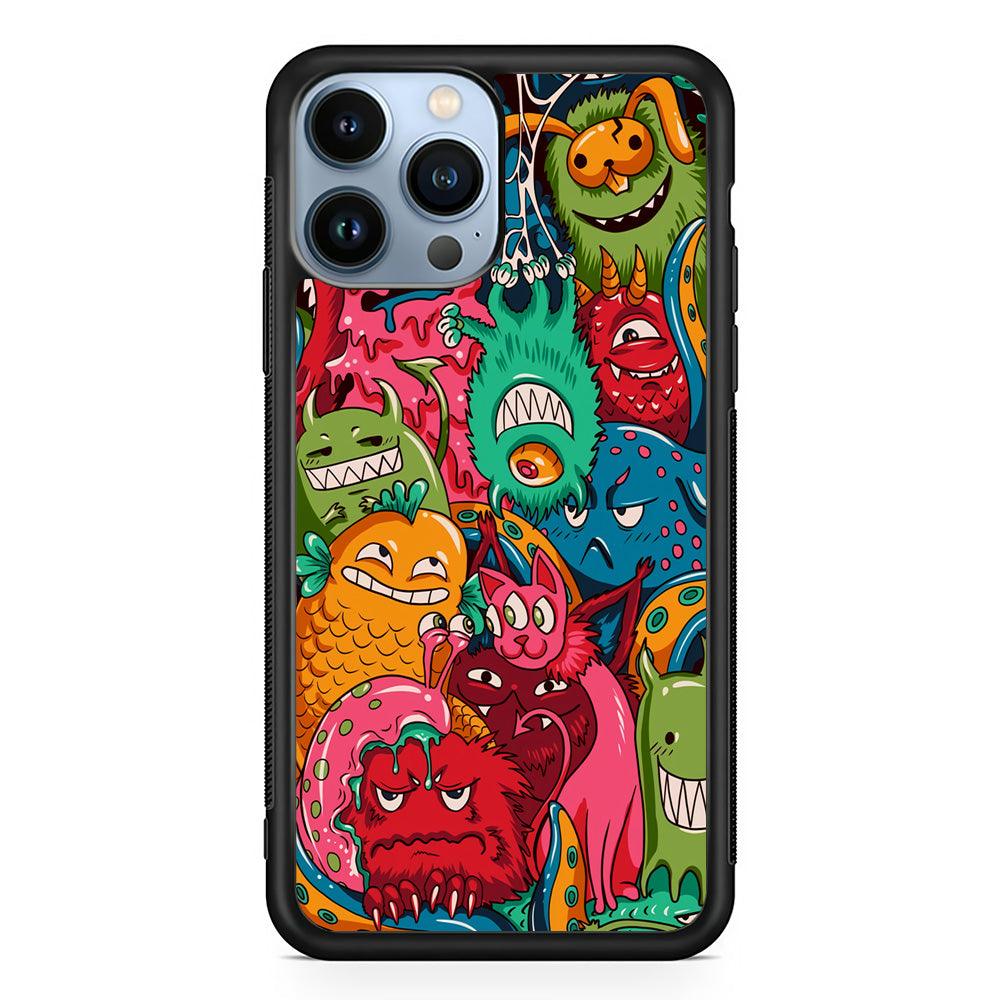 Doodle Monsters Get Together and Laugh iPhone 15 Pro Max Case-Rubber Black (2D Case)-Oxvistore