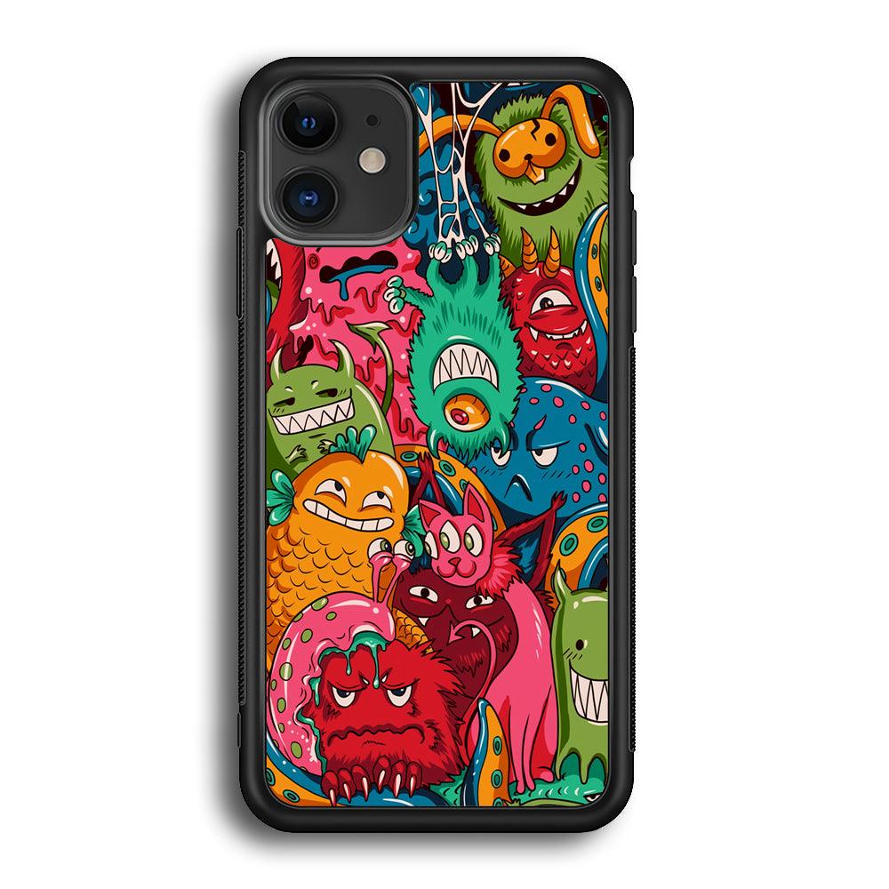 Doodle Monsters Get Together and Laugh iPhone 11 Case-Rubber Black (2D Case)-Oxvistore