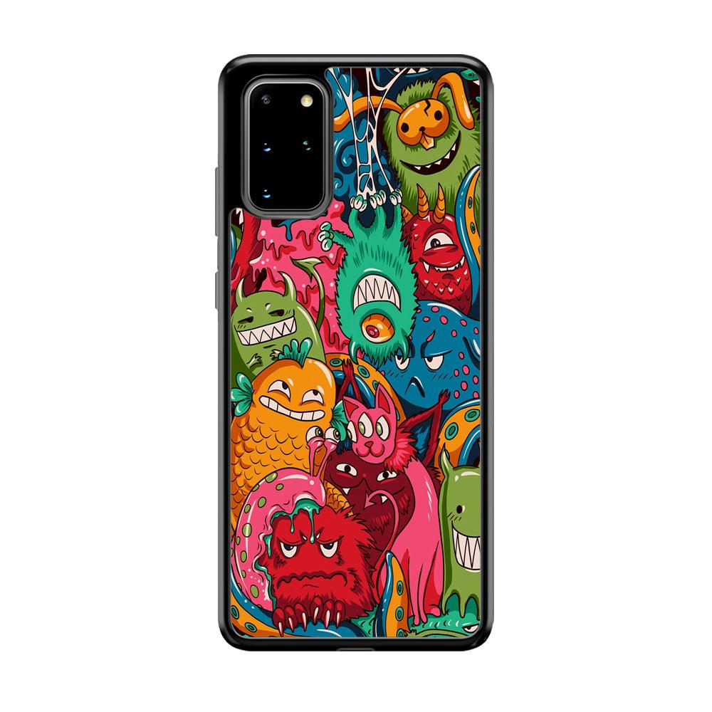 Doodle Monsters Get Together and Laugh Samsung Galaxy S20 Plus Case-Rubber Black (2D Case)-Oxvistore