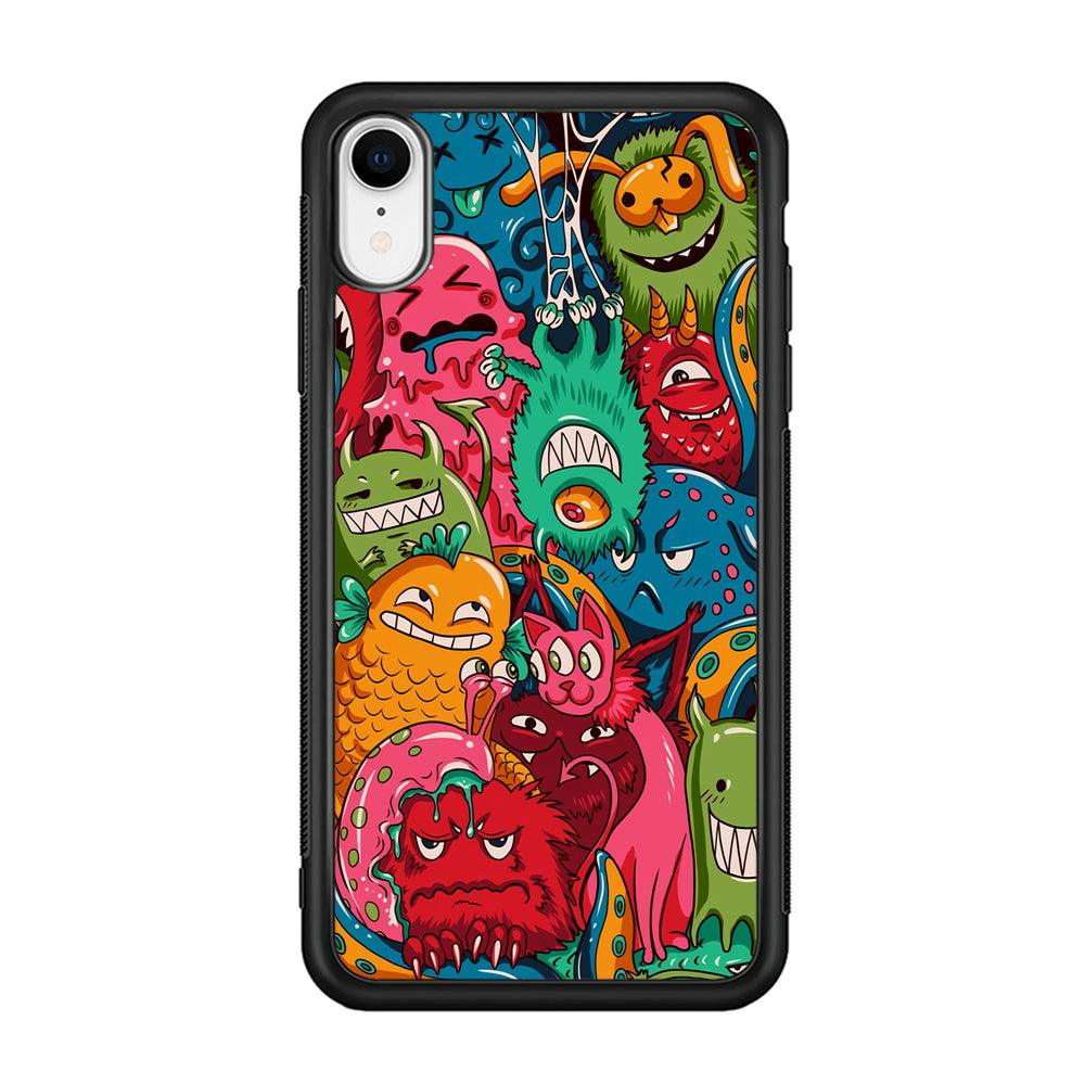 Doodle Monsters Get Together and Laugh iPhone XR Case-Rubber Black (2D Case)-Oxvistore