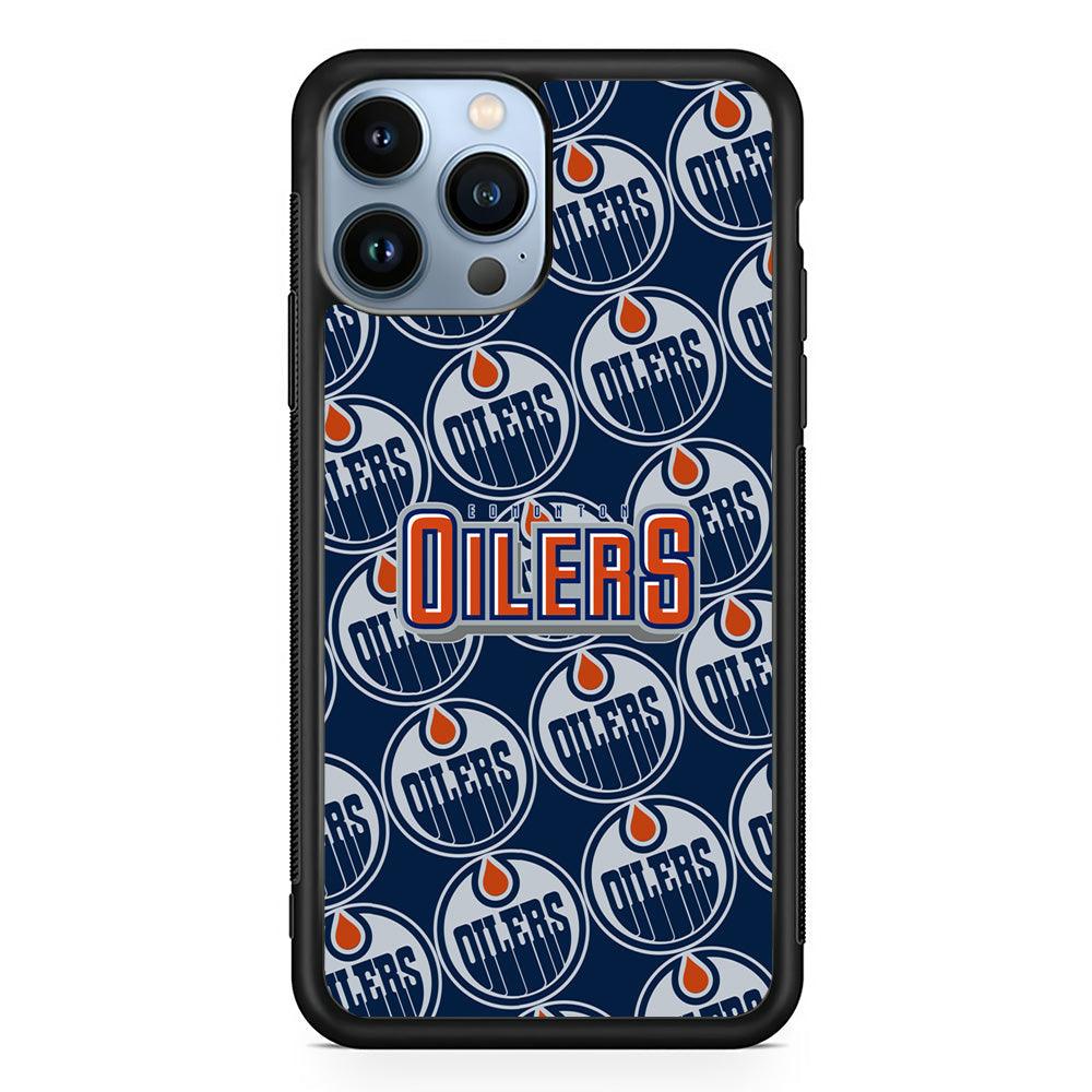 Edmonton Oilers Blue Patern Assembly iPhone 14 Pro Max Case-Rubber Black (2D Case)-Oxvistore